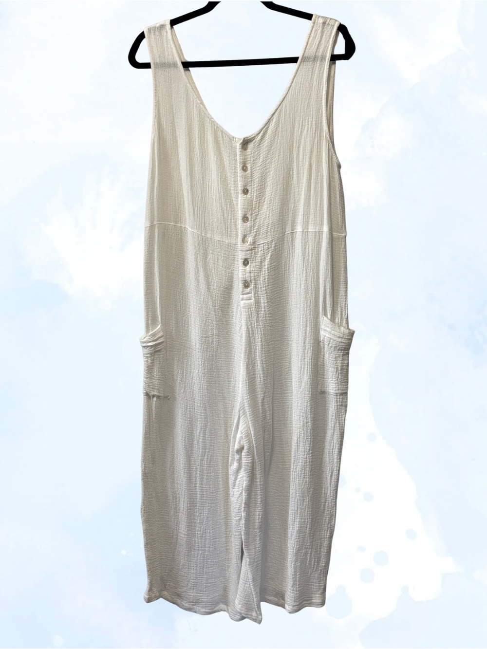 Women's White Sleeveless Button-Front Jumpsuit with Pockets